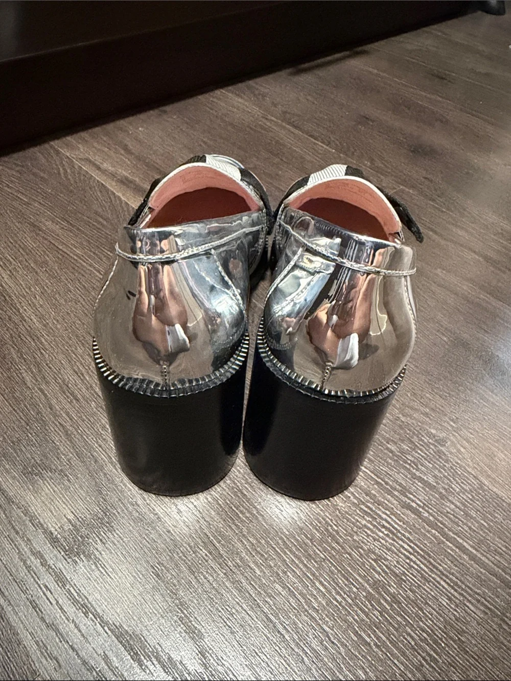 kate spade Metallic Silver Loafers with Black & Beige Bow Accent